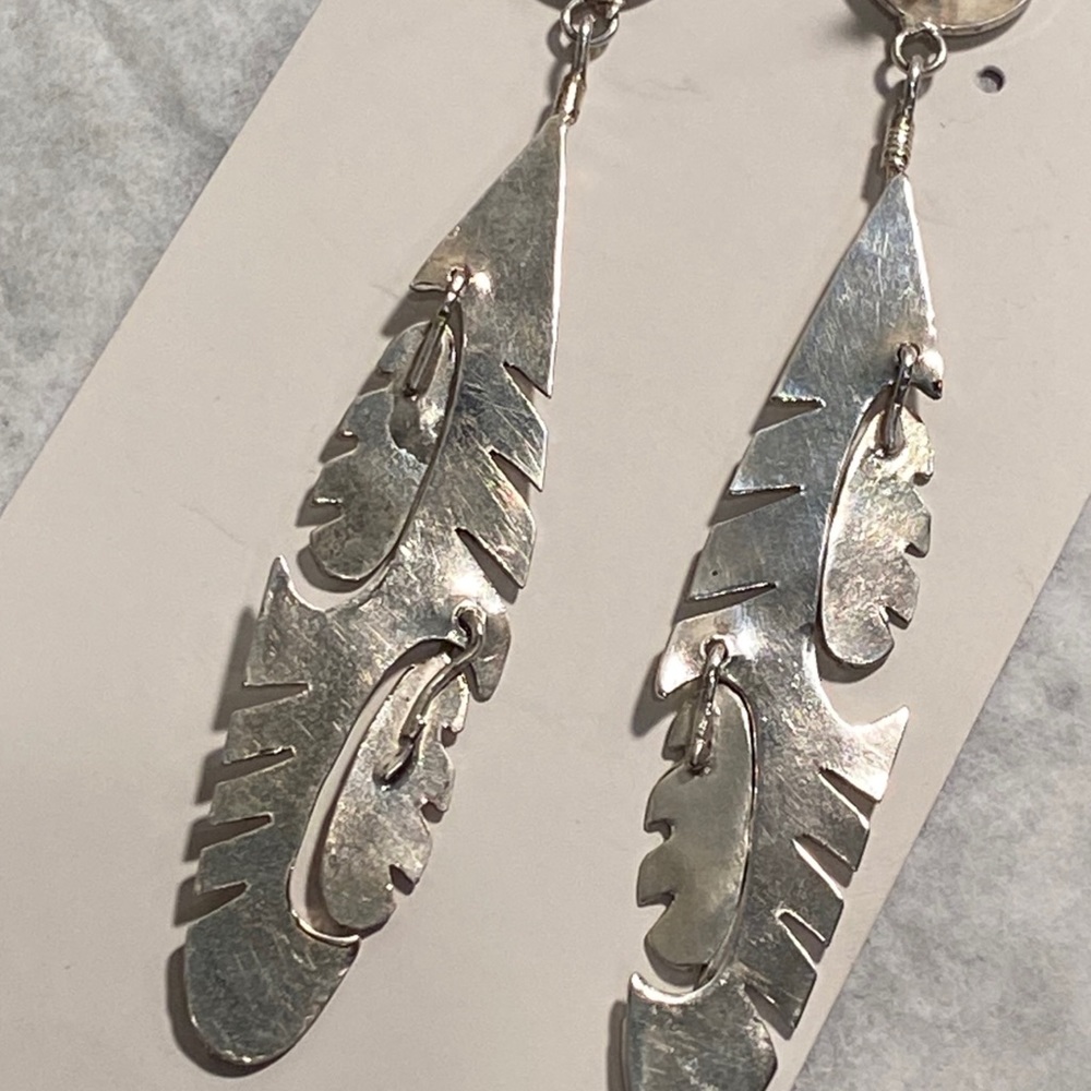 Native American Sterling Silver Dangle Long Feather Earrings Vintage - Picture 7 of 7
